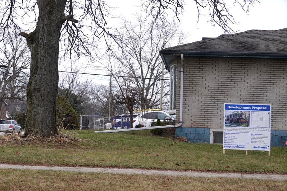 The sign about the development at 336 Appleby Line faces Cottonwood Drive.