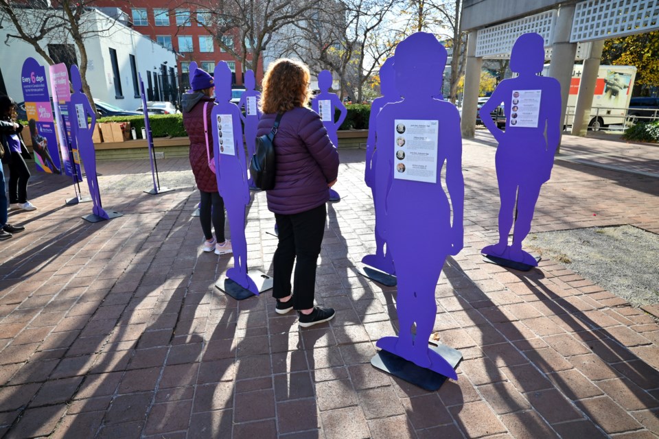 Halton Women's Place walk to end violence against women was held Saturday morning at Burlington's Civic Square with a record number of attendees. Wooden silhouettes of women stood on stage with pages of women killed in domestic violence this year in Canada.