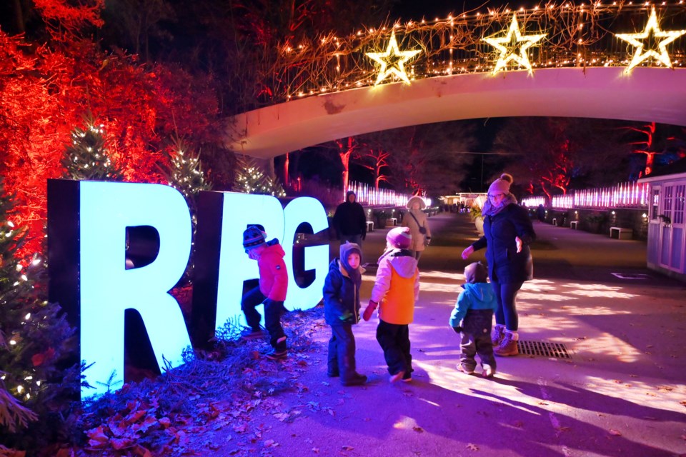 Hendrie Park transforms into a winter wonderland of dazzling lights, festive installations, and enchanting displays at the Royal Botanical Gardens. Winter Wonders continues until January 5. Here, the entrance from tunnel to Hendrie Park with musical lights dancing to recorded music.