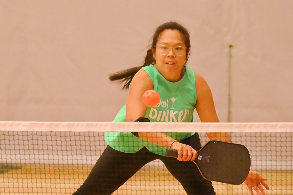 Burlington's largest pickleball tournament is on this weekend at the Haber Recreation Centre with more than 210 entries for the First Onix Burlington Pickleball Open. Milton's 'Day Dinker' Leanne Ramirez catches the ball just over the net and returns in the Gold Medal match.