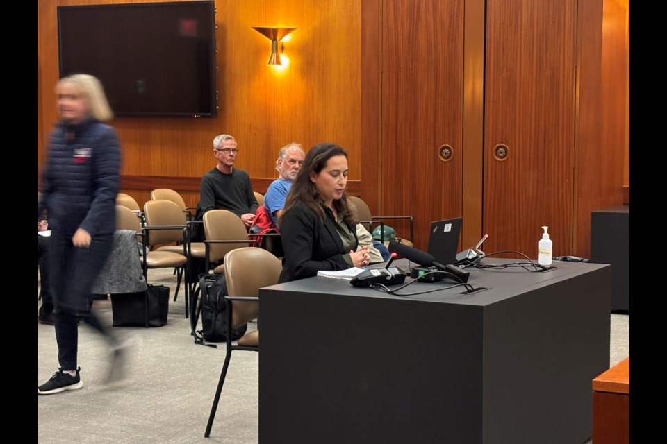 Jennifer Devins, the City of New Westminster's ethics commissioner, speaks at a hearing in council chambers on Nov. 4.