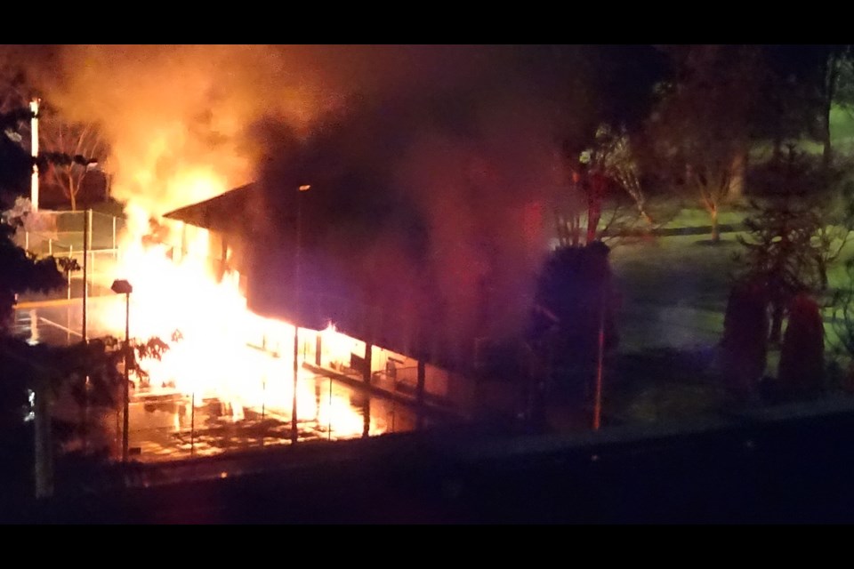 Huge flames and plumes of smoke  filled the downtown when a fire occurred in Tipperary Park on Feb. 20.                    