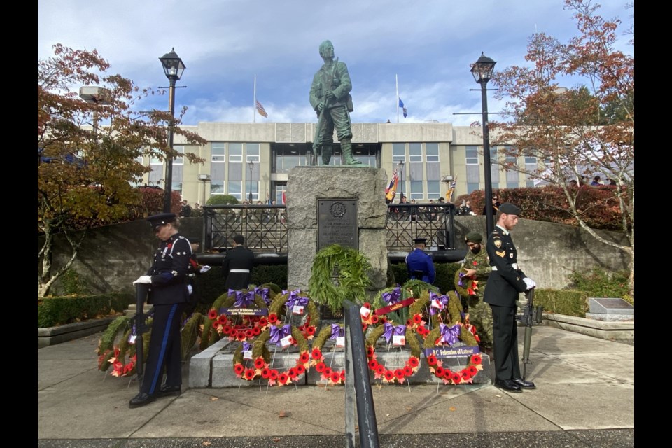 Local officials and community groups placed wreaths at  the cenotaph at Saturday's Remembrance Day ceremony in New Westminster.