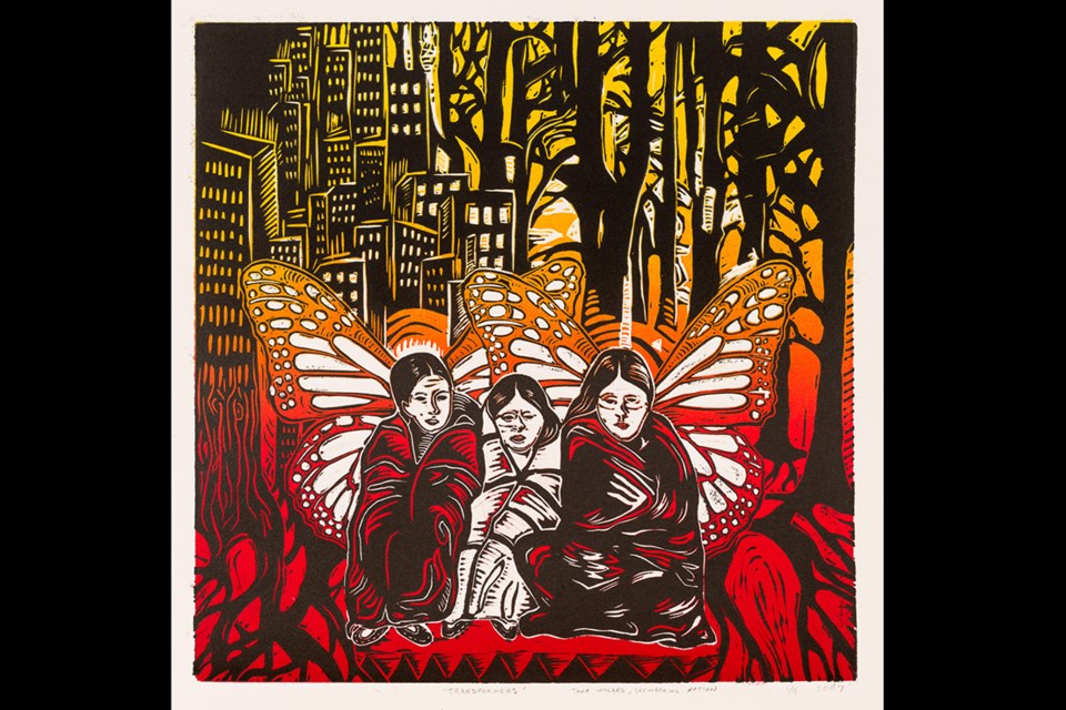 Tania Willard, "Transformers" (from the series "Crazymaking"), 2007, woodcut on paper, City of Burnaby Permanent Art Collection.