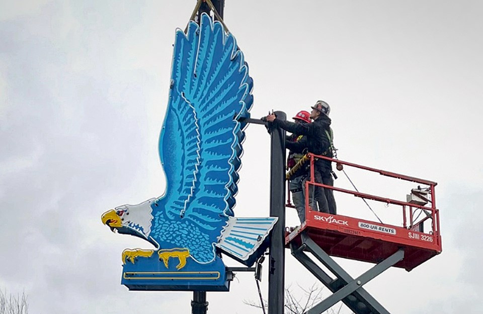 The iconic Ford Eagle neon sign was reinstalled in its original location on Hastings Street in December. 