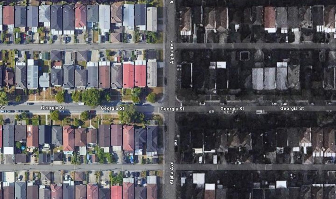 谷歌卫星图像揭示了在伯纳比市大部分地区降临的末日后的阴郁景象
