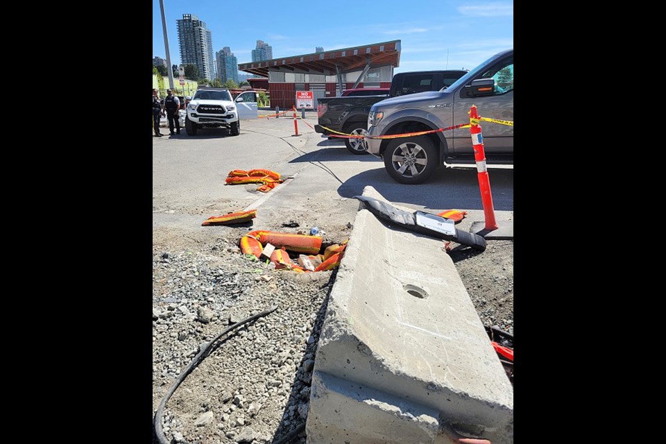 A pickup truck entered a construction site at the south end of Beta Avenue in Burnaby and knocked this concrete block into another vehicle, according to police. 