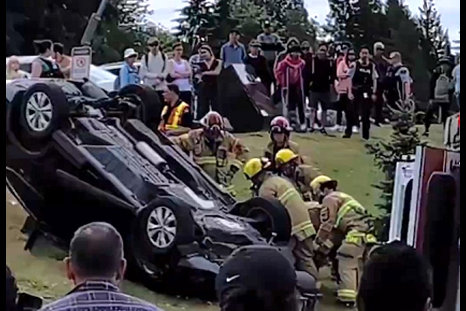 No serious injuries were reported after a car flipped onto its roof at Burnaby Mountain Park Sunday.