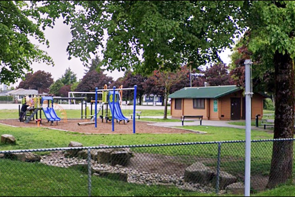 A 48-year-old man has been charged with committing an indecent act in this washroom at Rene Memorial Park in Burnaby. 