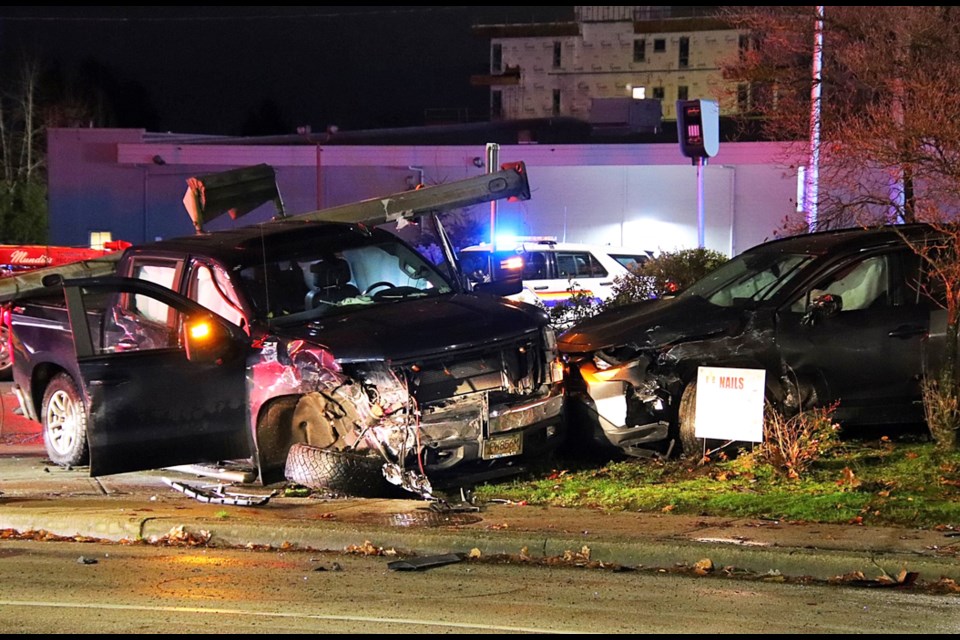 A two-vehicle crash at Kingsway and Royal Oak took out a light standard Thursday morning.