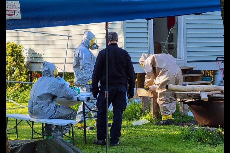 The RCMP clandestine laboratory team was on scene at a South Burnaby home Saturday. 