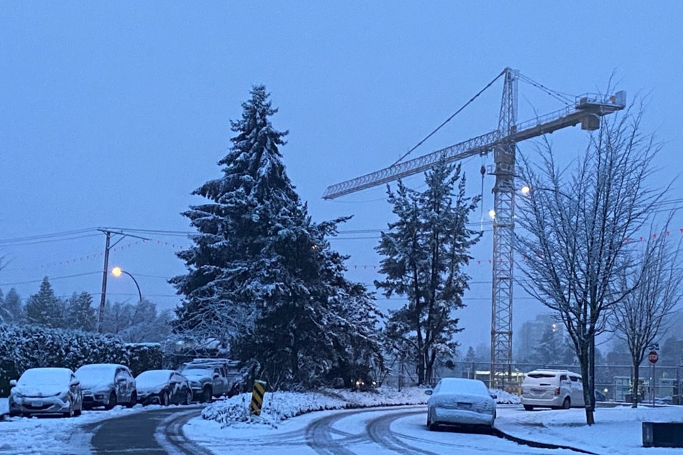 Roads remain relatively clear as a light blanket of snow fell on New Westminster overnight.