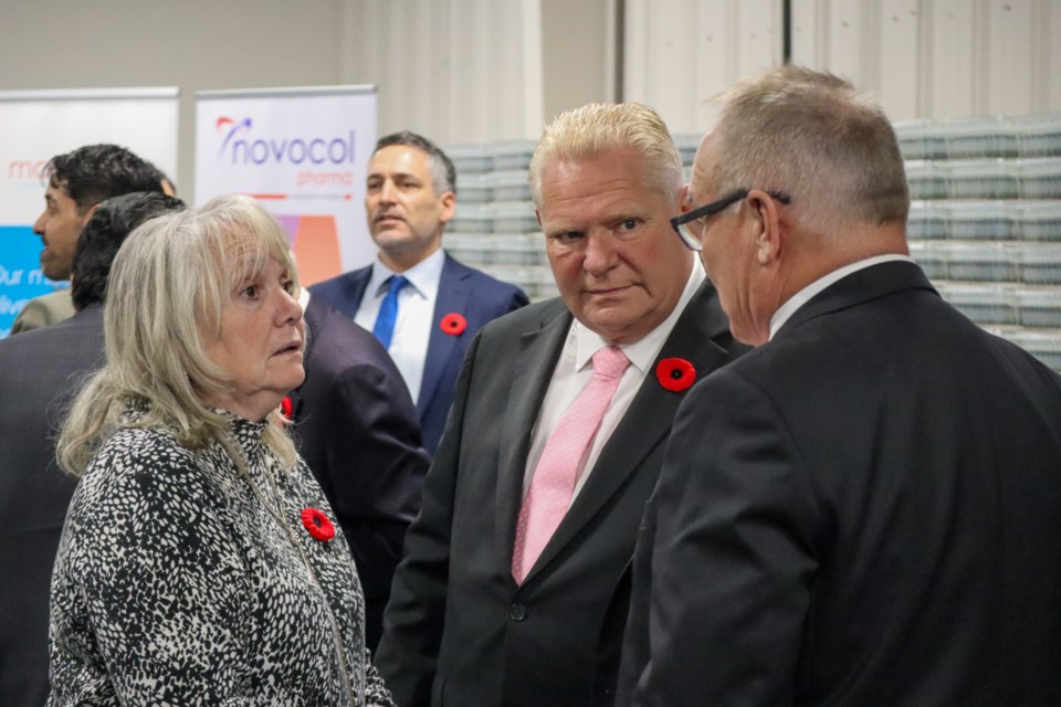 Cambridge Mayor Jan Liggett, Premiere Doug Ford and Cambridge MPP Brian Riddell chat after the press conference this morning.