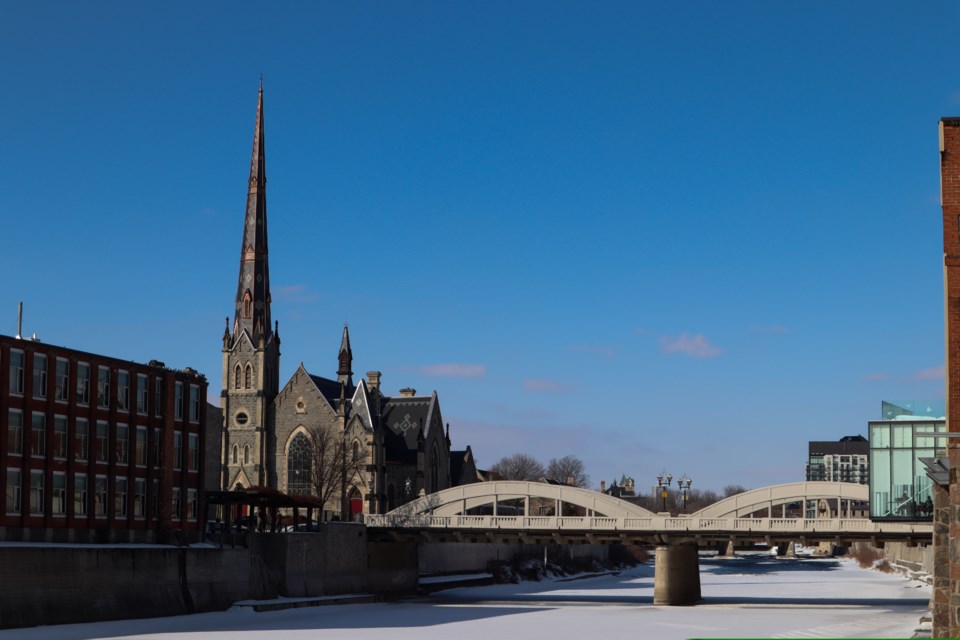 Central Presbyterian Church overlooks the Grand River in Cambridge. 