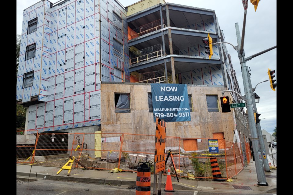 Work on the mixed-use apartment building at the corner of Queen and Adam streets in downtown Hespeler has been stalled for months.