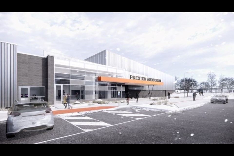 An artists rendering of what the entrance to the Preston Memorial Auditorium will look like when it's completed in the fall of 2025.