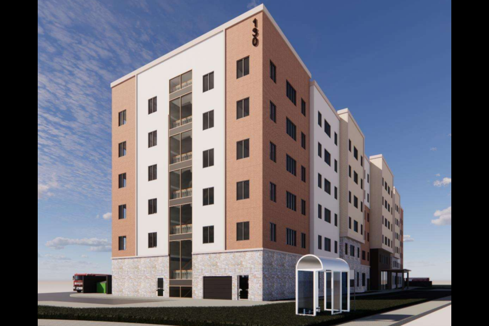 Rendered perspective view of 130 Guelph Ave. apartments from Sheffield Street.