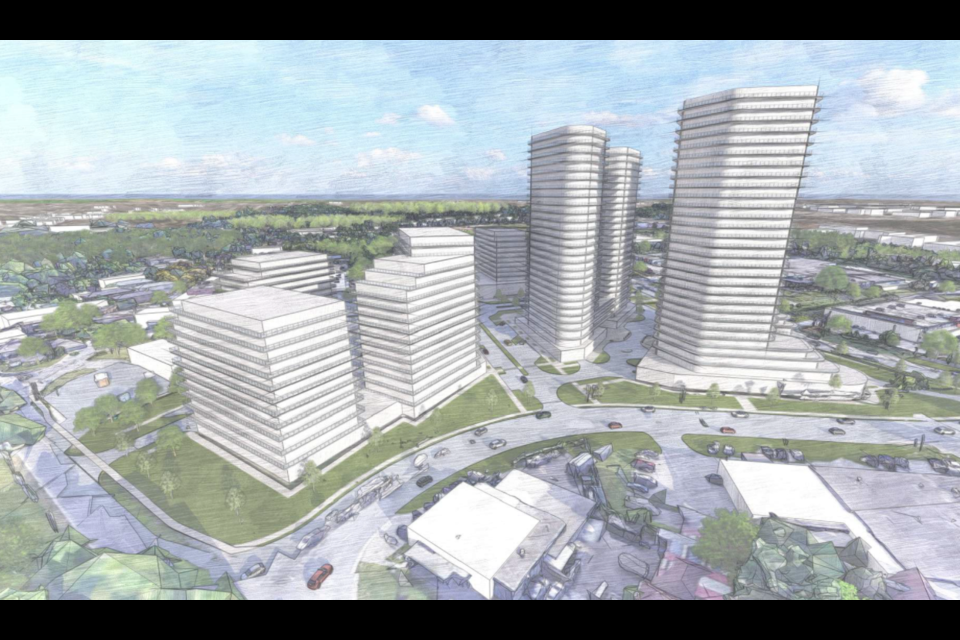 A rendering of the proposal for 410 Queen St. W. in Hespeler. The four high-rise towers that are part of the project are positioned near Groh and Goebel avenues.