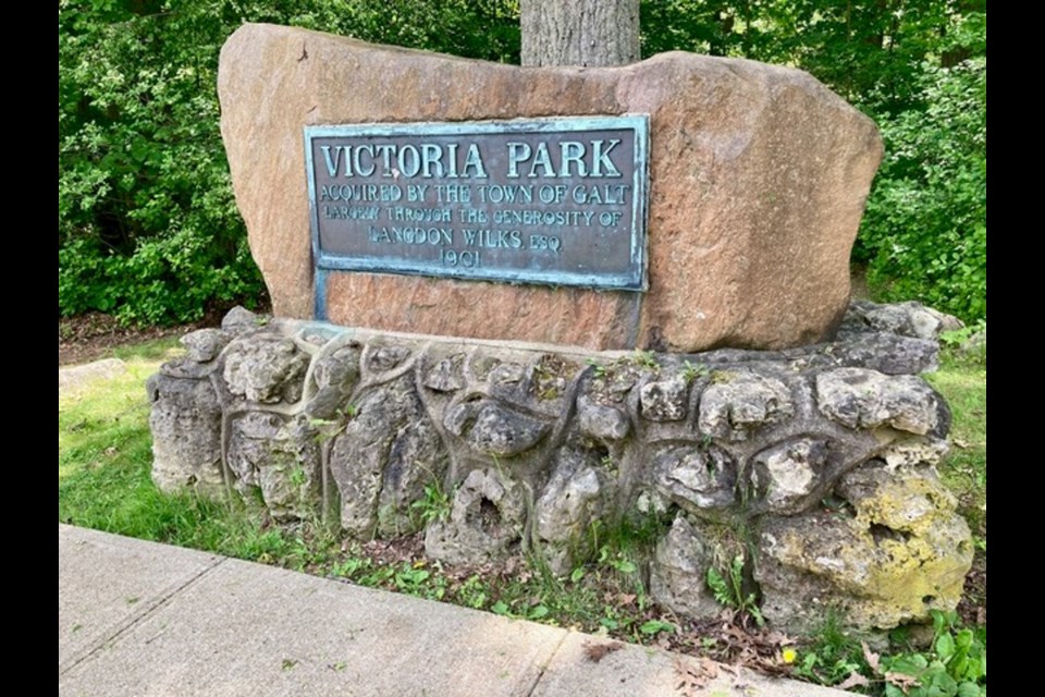 The Victoria Park entrance on Blenheim Road in 2021. The plaque, which was stolen in June, has since been returned to the rock monument.