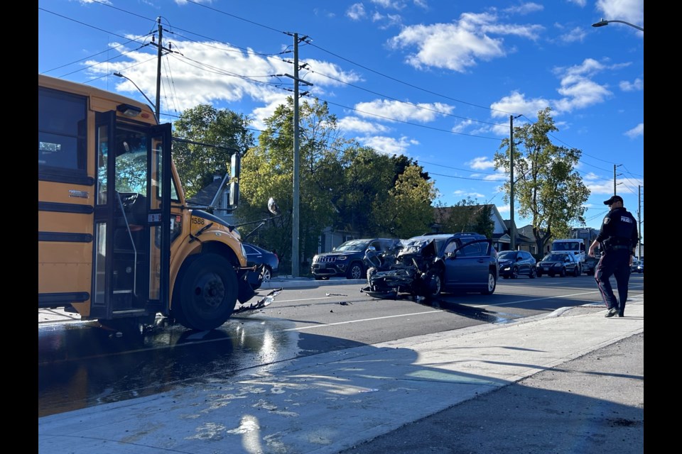 A school bus full of kids and an SUV collided on Dundas Street North this afternoon.