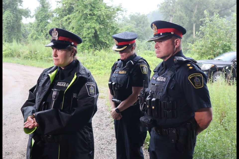 Waterloo regional police Const. Melissa Quarrie leads a media update on the search with Superintendent Brenna Bonn and Inspector Matt Halliday. 