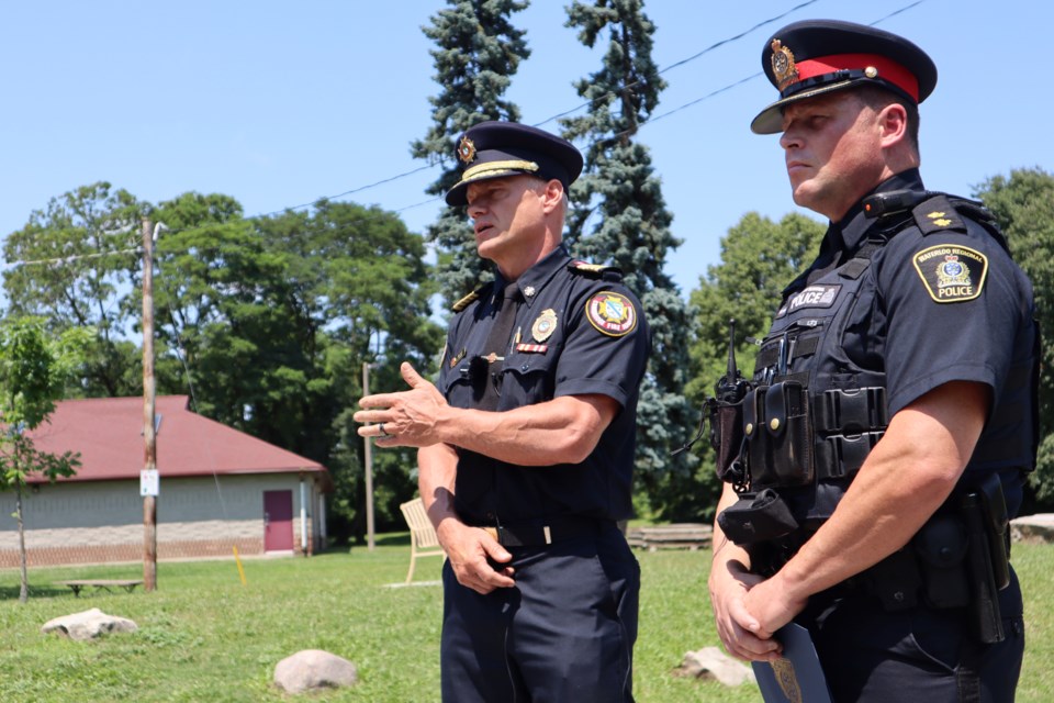 Cambridge Fire chief Rob Martin and WRPS Inspector Matt Halliday were at Riverbluffs Park in Cambridge this afternoon to describe the search area which now extends from the Parkhill Dam to Freeport.