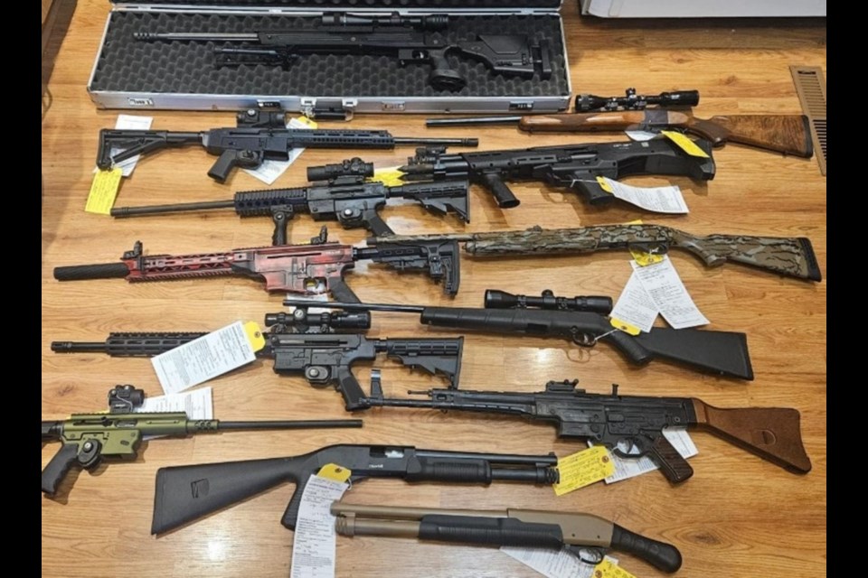 Firearms seized during search warrants executed by OPP and WRPS in Kitchener and Cambridge last month.