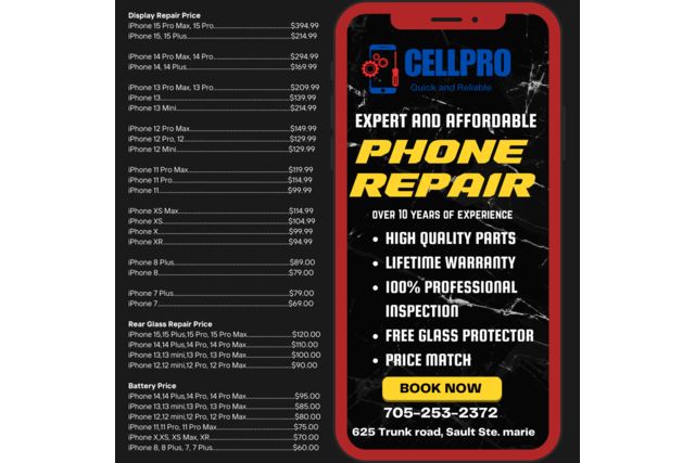 Display Repair iPhone 15 Pro Max, 14 Pro Max $504.00 iPhone 15 Pro, 15 Plus $439.00 iPhone 14 Plus, 14 Pro 13 Pro Max, 12 Pro Max 11 Pro Max, XS Max $434.00 iPhone 15, 14, 13, 12, 12 Pro, 13 Pro $