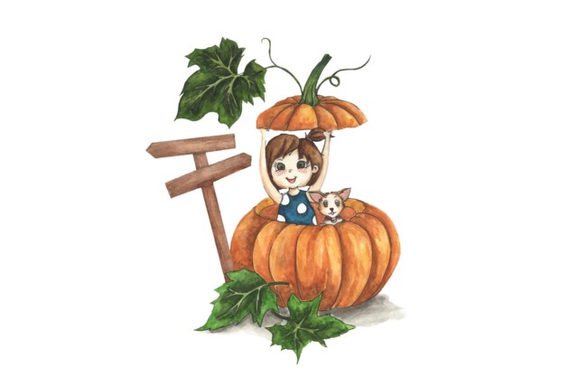 cute-little-girl-with-dog-in-a-big-pumpkin-watercolor-illustration-free-vector