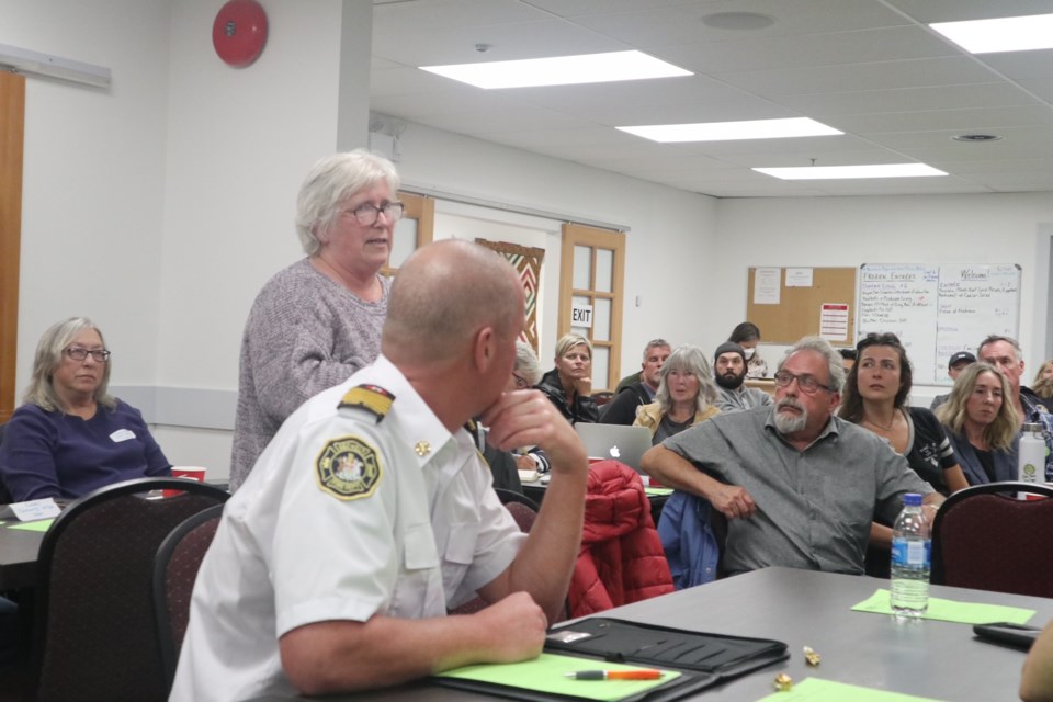 Sechelt councillor Brenda Rowe addressing representatives of  businesses gathered to discuss the impacts of homelessness and addiction on Sechelt's downtown core.