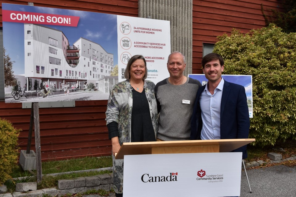 Left to right: Catherine Leach, SCCSS executive director, Jason Winkler, SCCSS director and MP Patrick Weiler (West Vancouver–Sunshine Coast–Sea to Sky Country) at the federal funding announcement. 