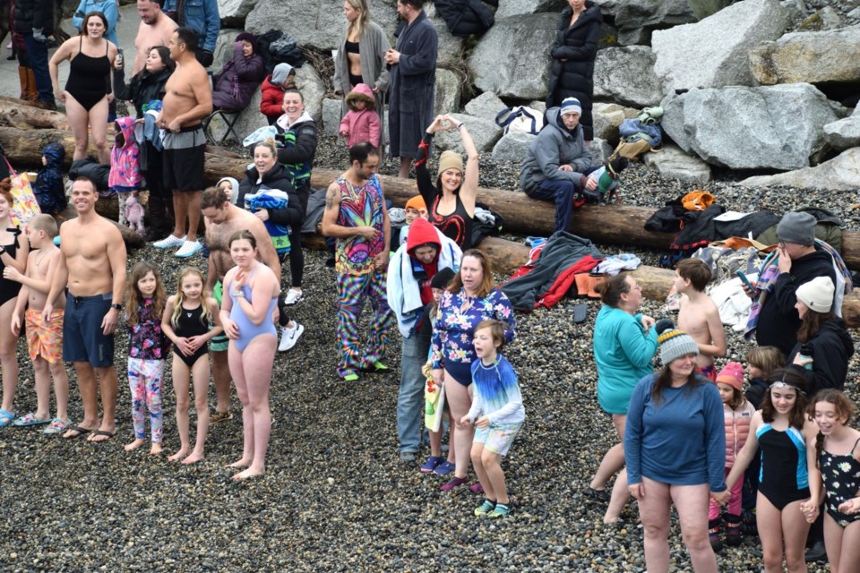 Swimmers prepare to take the plunge at the 29th Annual Sunshine Coast Lions Club Polar Bear Swim at Trail Bay.