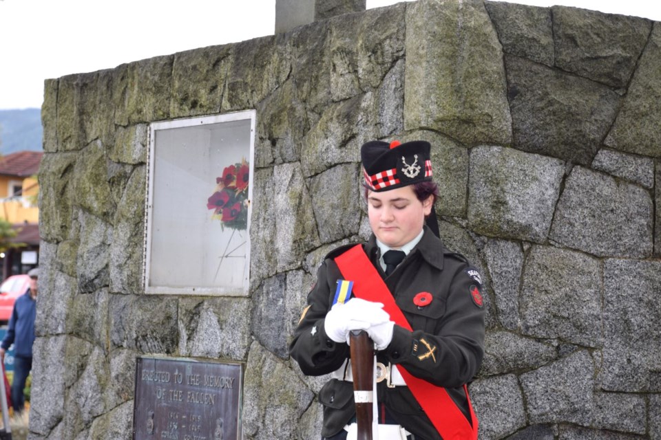 One of the members of the 2963 Seaforth Highlanders of Canada Royal Canadian Army Cadet Corps standing vigil at the Sechelt cenotaph, Nov. 11.