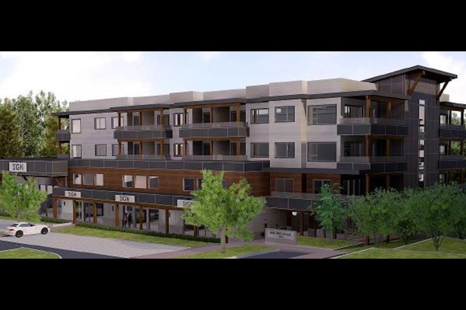A rendering of a four-storey mixed-use building proposed at 629 Mahan Road. 