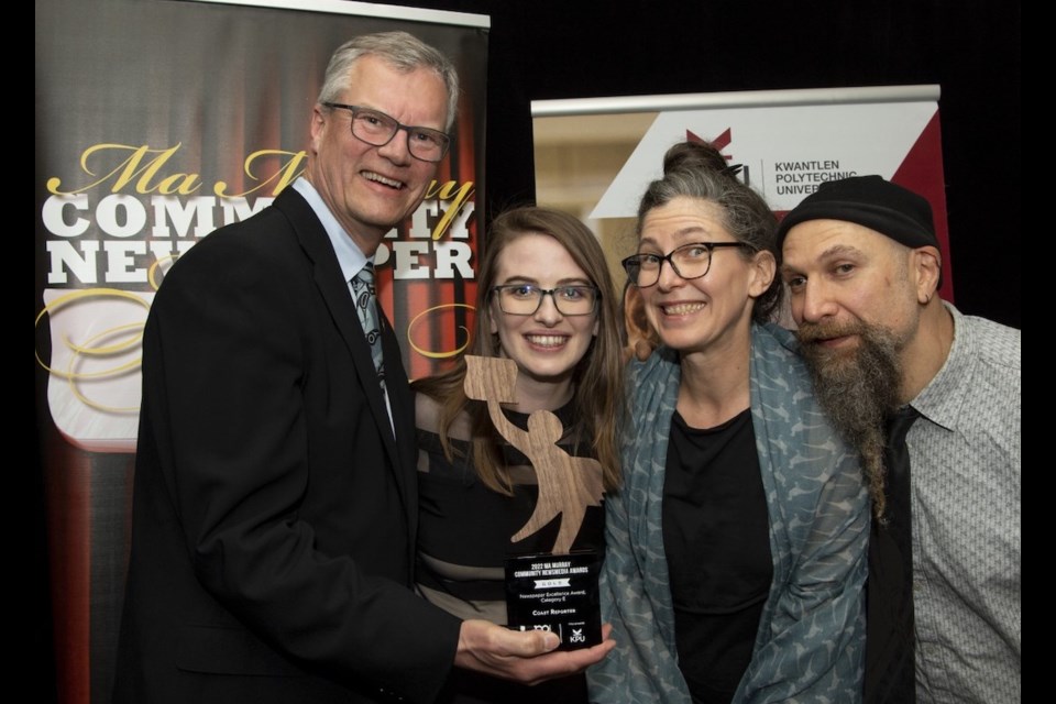 Publisher Peter Kvarnstrom, editor Bronwyn Beairsto, Classifieds layout and design's Kelly Shvartsman and production manager Dimitri Shvartsman shortly after the Coast Reporter won its best in class Ma Murray Award