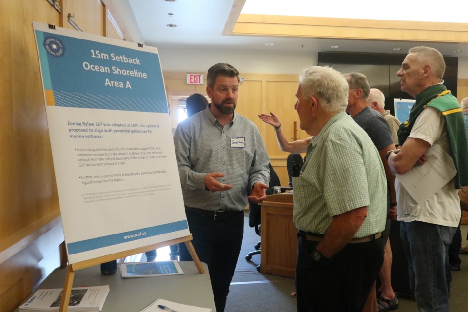 SCRD planning department staff Johnathon Jackson reviews the details of proposed zoning changes related to ocean setback areas at the July 4 public info session.