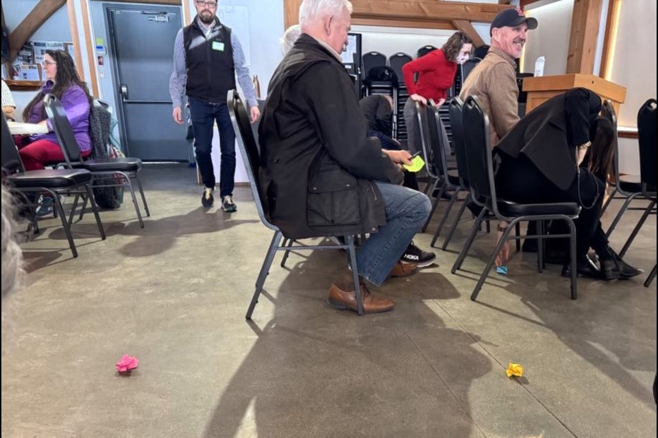 Participants at a workshop regarding the DOS official community plan, were asked to write three words to describe Sechelt and then throw them as part of a "snowstorm" exercise.