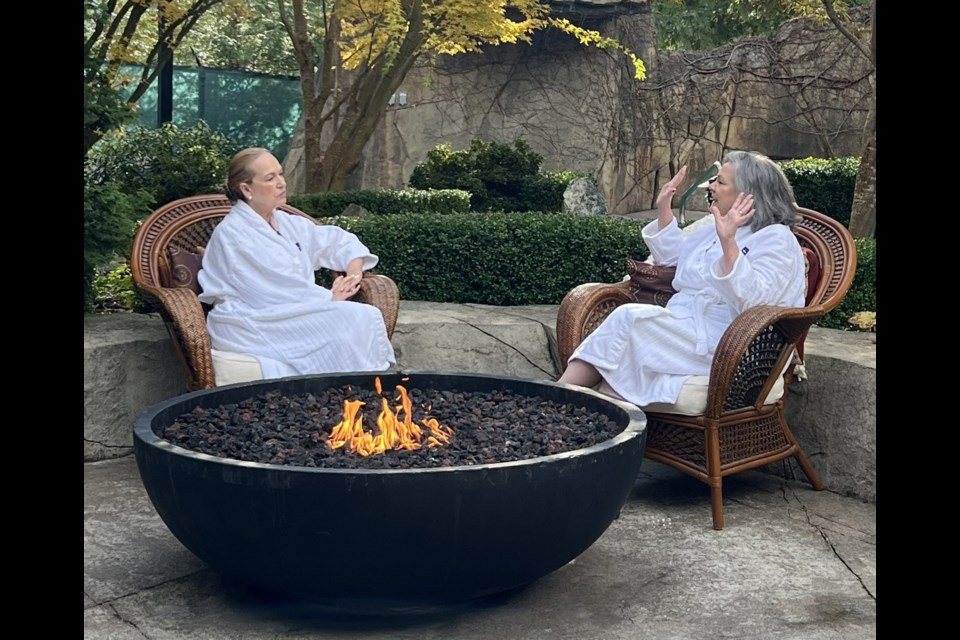 Host Carmen Ruiz y Laza receives a lesson in wellness at Painted Boat Resort & Spa from expert Cheryl MacKinnon.