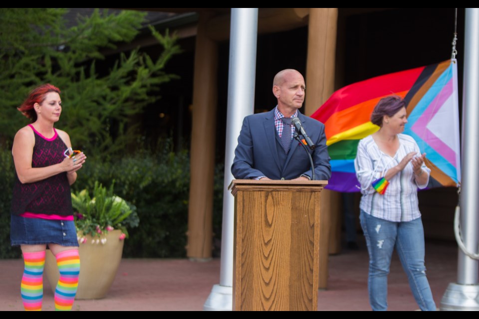 Mayor Jeff Genung speaks at the Progress Pride Flag raising ceremony marking the start of the Townâs first-ever Pride Week on Monday (Aug. 17).(Chelsea Kemp/The Cochrane Eagle)