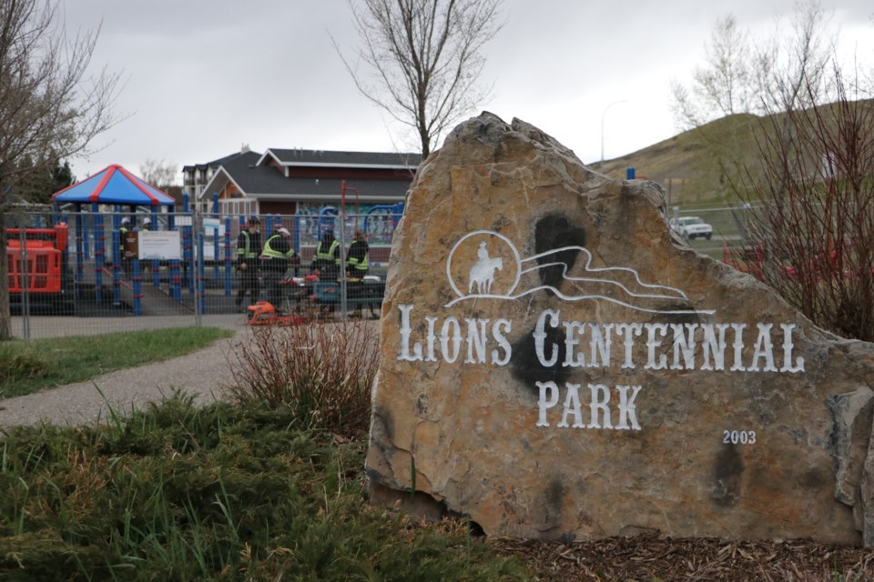 The east section of the playground at Centennial Park is undergoing new inclusive equipment upgrades to create accessibility for children who face physical, learning, development and emotional challenges. Construction began on the project May 16 and is expected to wrap sometime in July. (Jessica Lee/The Cochrane Eagle)