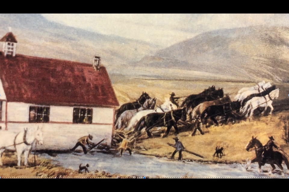 Painting of draft horses dragging the church through Big Hill Creek to Cochrane in 1899.