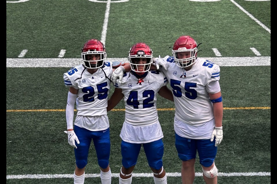 Solomon Carlson (left), Bennett Fauth (center), and Caleb Wetherall (right), posing on the field in their team Alberta Uniforms [photo submitted]