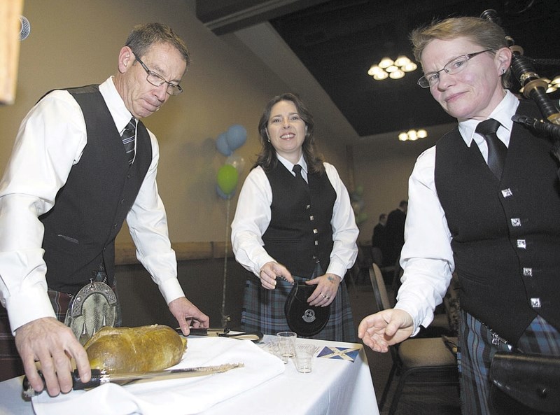 From left: Gord Gray, Bebe Gardner and Kathy Rae of the Cochrane Pipe Band at last year&#8217;s annual Robbie Burns Night at the Cochrane RancheHouse. This year&#8217;s event 