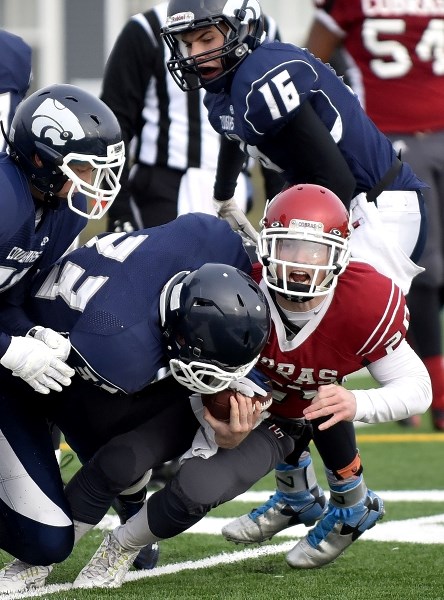 Cochrane High School Cobras quarterback Tae Gordon struggles for yards in Alberta Schools&#8217; Athletic Association Tier South Zone football semifinal vs. Cardston Cougars