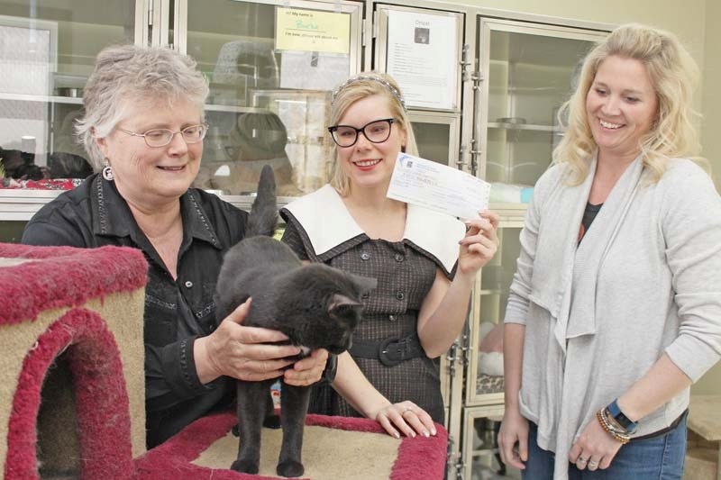 Joanne Wegiel, left, Candace Schneider, and Jaimie Anton pet Bobby in the cat room at the Cochrane and Area Humane Society with cheque in hand to donate over $11,000 to the