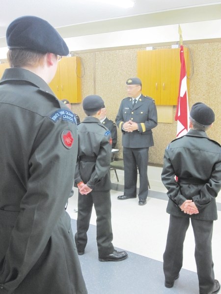 New commanding officer for the 2512 King&#8217;s Own Calgary Regiment Cadet Corps Johnny Mo speaks to cadets Dec. 4 in Cochrane.