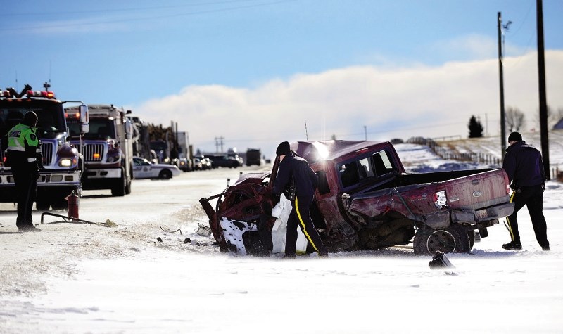 One person is dead following a collision on Highway 22 Feb. 13. Police say a Ford pickup crossed the centre line into oncoming traffic and collided head on with a northbound