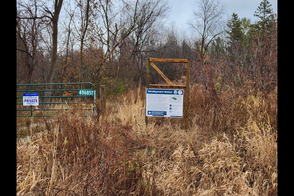 The entrance to property where a 376-unit development on Grey Road 2 has been proposed.