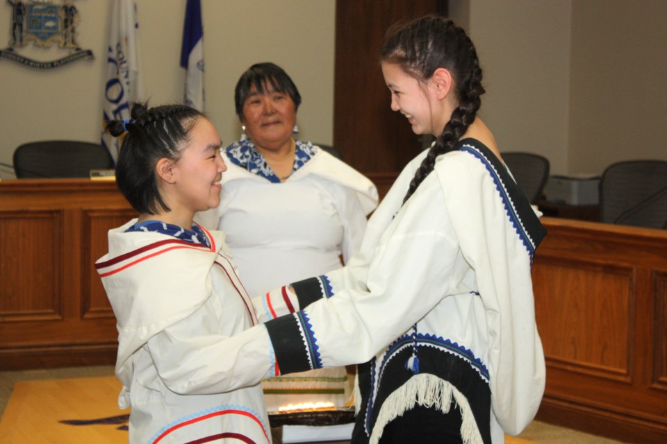 Nasivvik High School students demonstrate Inuit throat singing to the crowd at Collingwood council on April 9. Erika Engel/Collingwood Today