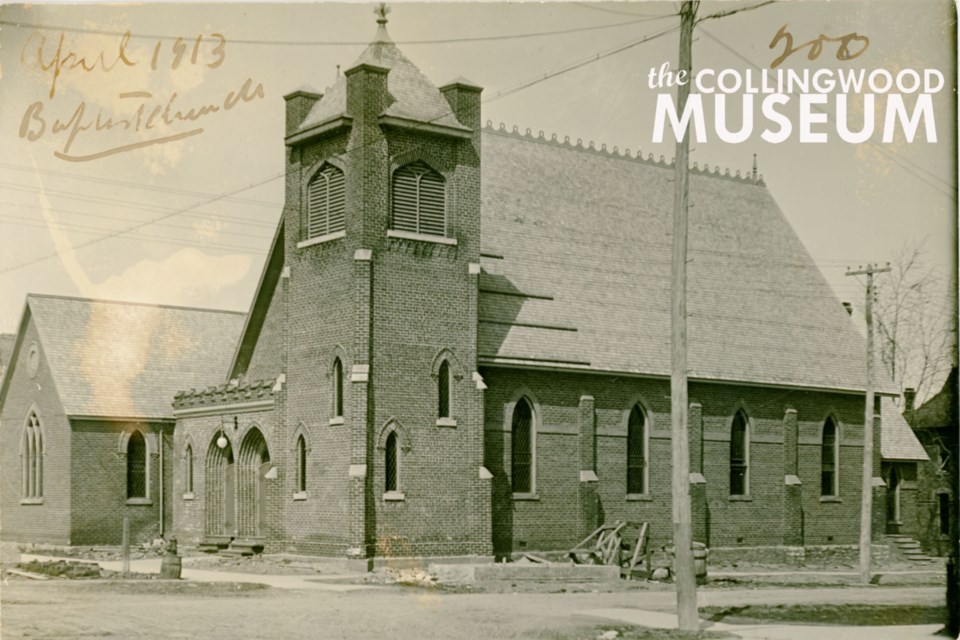 This photo of Collingwood's First Baptist Church was taken in 1913, shortly after the addition of the vestibule and square tower at the building's south-east corner.